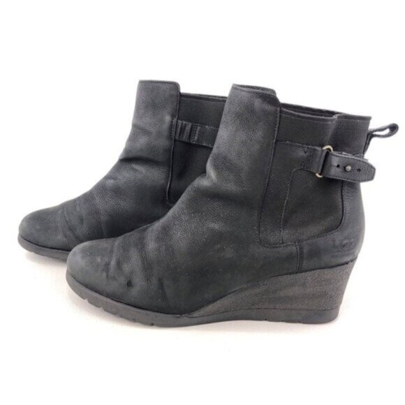 UGG Indra Black Leather Wedge Ankle Booties 9 - Picture 2 of 12
